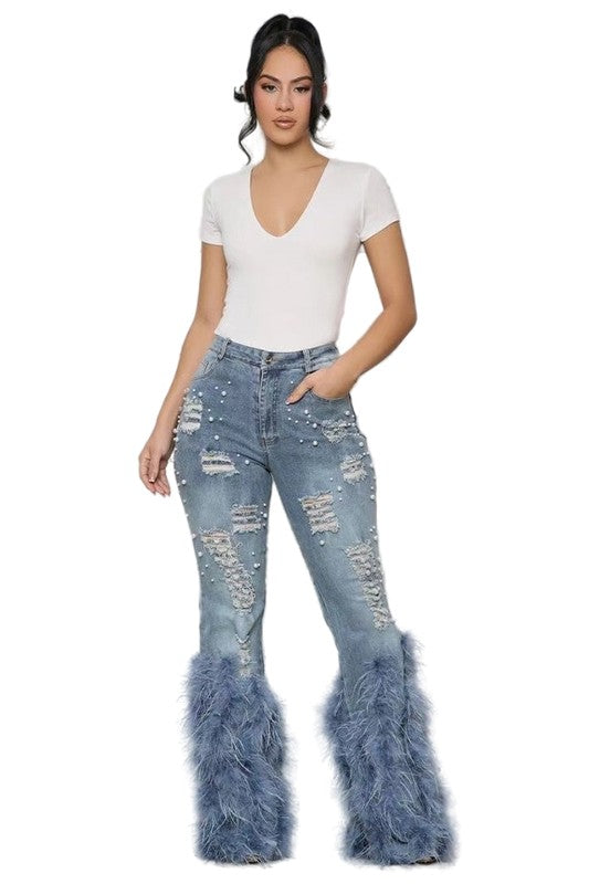 Feathers and Pearls Embellished Distressed Jeans