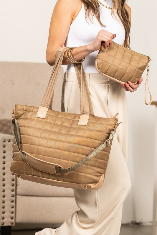 Mila Quilted Traveler Tote with Mini Clutch - 2 Piece Set Aili's Corner