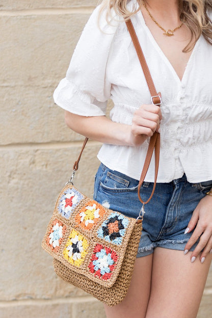 Sylvie Foldover Floral Crochet Woven Crossbody Bag Aili's Corner