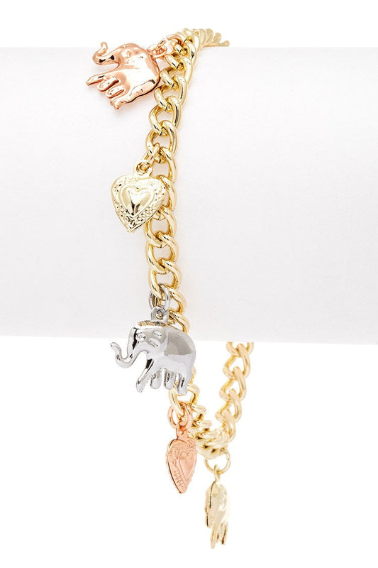 Elephant Heart Mix Charm 3 Tone Bracelet LA Jewelry Plaza
