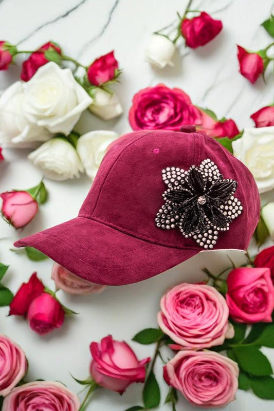 Faux Suede Rhinestone Beaded 3D Flower Cap LA Jewelry Plaza