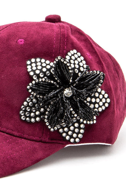 Faux Suede Rhinestone Beaded 3D Flower Cap LA Jewelry Plaza