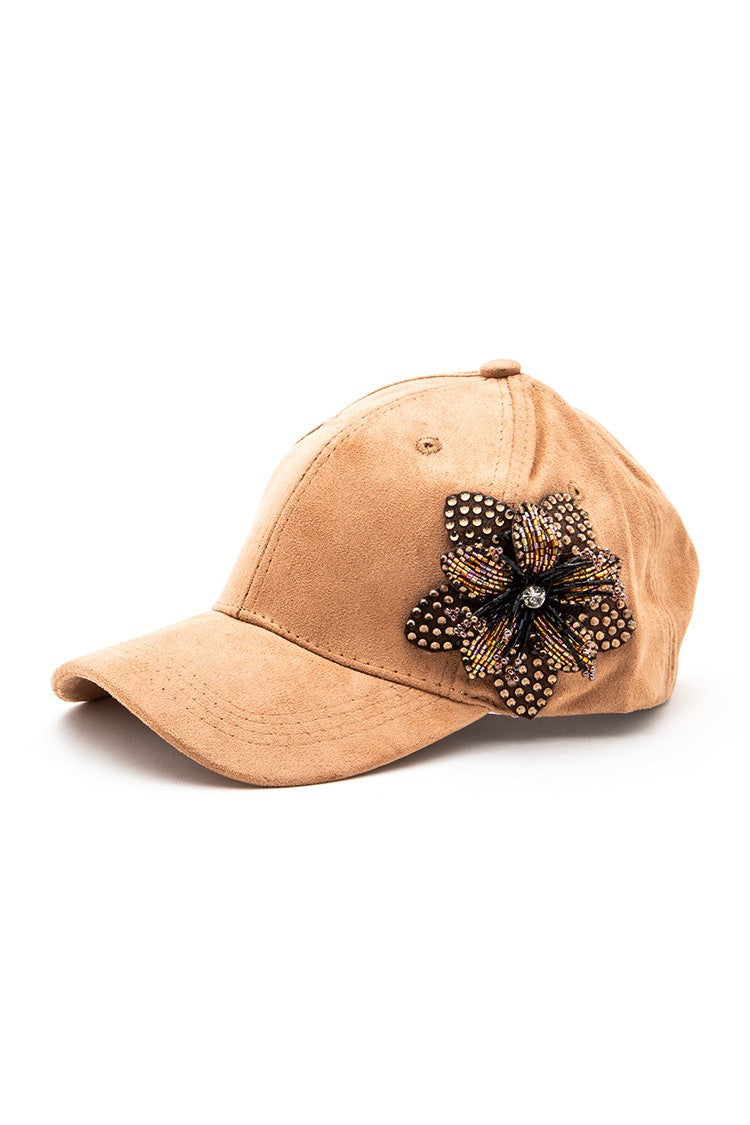 Faux Suede Rhinestone Beaded 3D Flower Cap LA Jewelry Plaza
