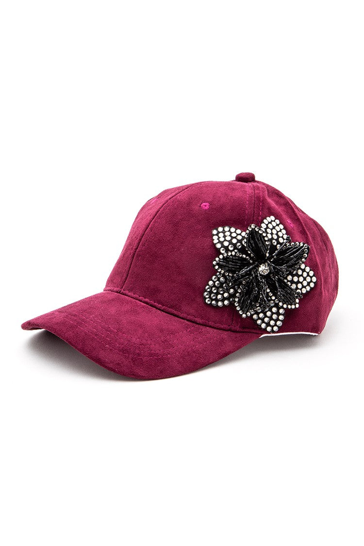 Faux Suede Rhinestone Beaded 3D Flower Cap LA Jewelry Plaza