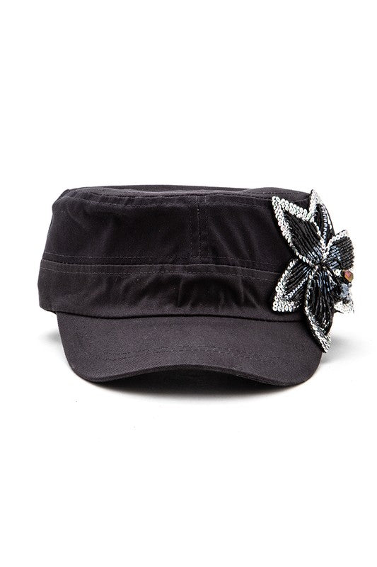 Beaded 3D Sequin Flower Statement Cadet Hat LA Jewelry Plaza