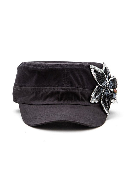 Beaded 3D Sequin Flower Statement Cadet Hat LA Jewelry Plaza