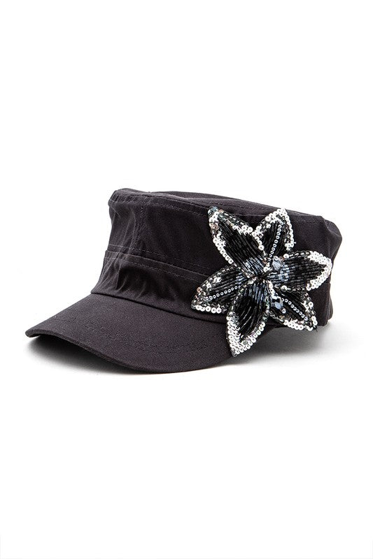 Beaded 3D Sequin Flower Statement Cadet Hat LA Jewelry Plaza