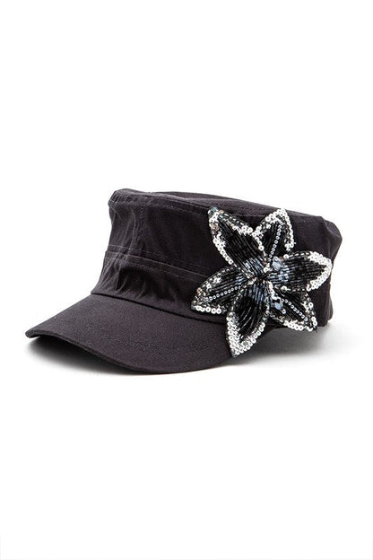 Beaded 3D Sequin Flower Statement Cadet Hat LA Jewelry Plaza