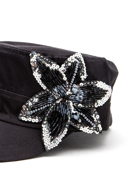 Beaded 3D Sequin Flower Statement Cadet Hat LA Jewelry Plaza
