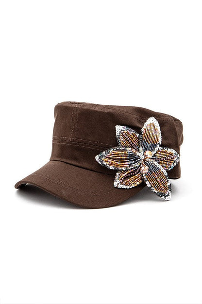 Beaded 3D Sequin Flower Statement Cadet Hat LA Jewelry Plaza