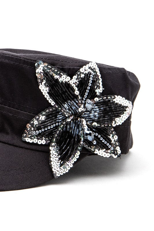Beaded 3D Sequin Flower Statement Cadet Hat LA Jewelry Plaza