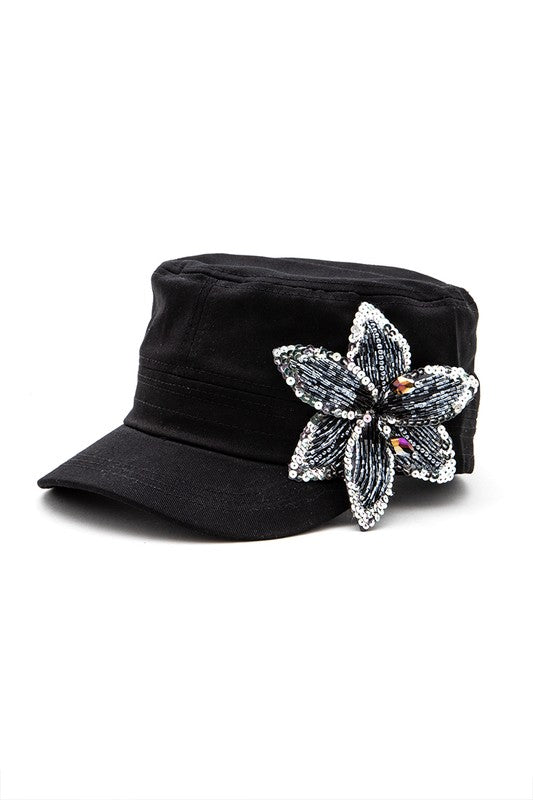 Beaded 3D Sequin Flower Statement Cadet Hat LA Jewelry Plaza
