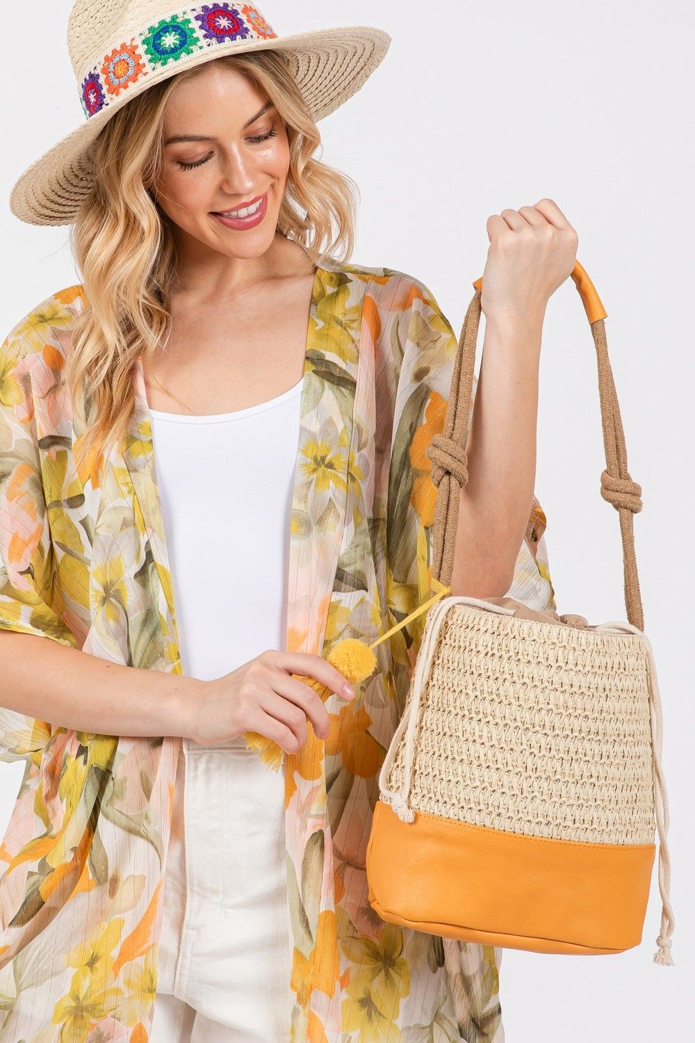 Faux Straw Summer Bucket Boho Bag LA Jewelry Plaza