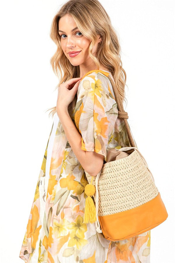 Faux Straw Summer Bucket Boho Bag LA Jewelry Plaza