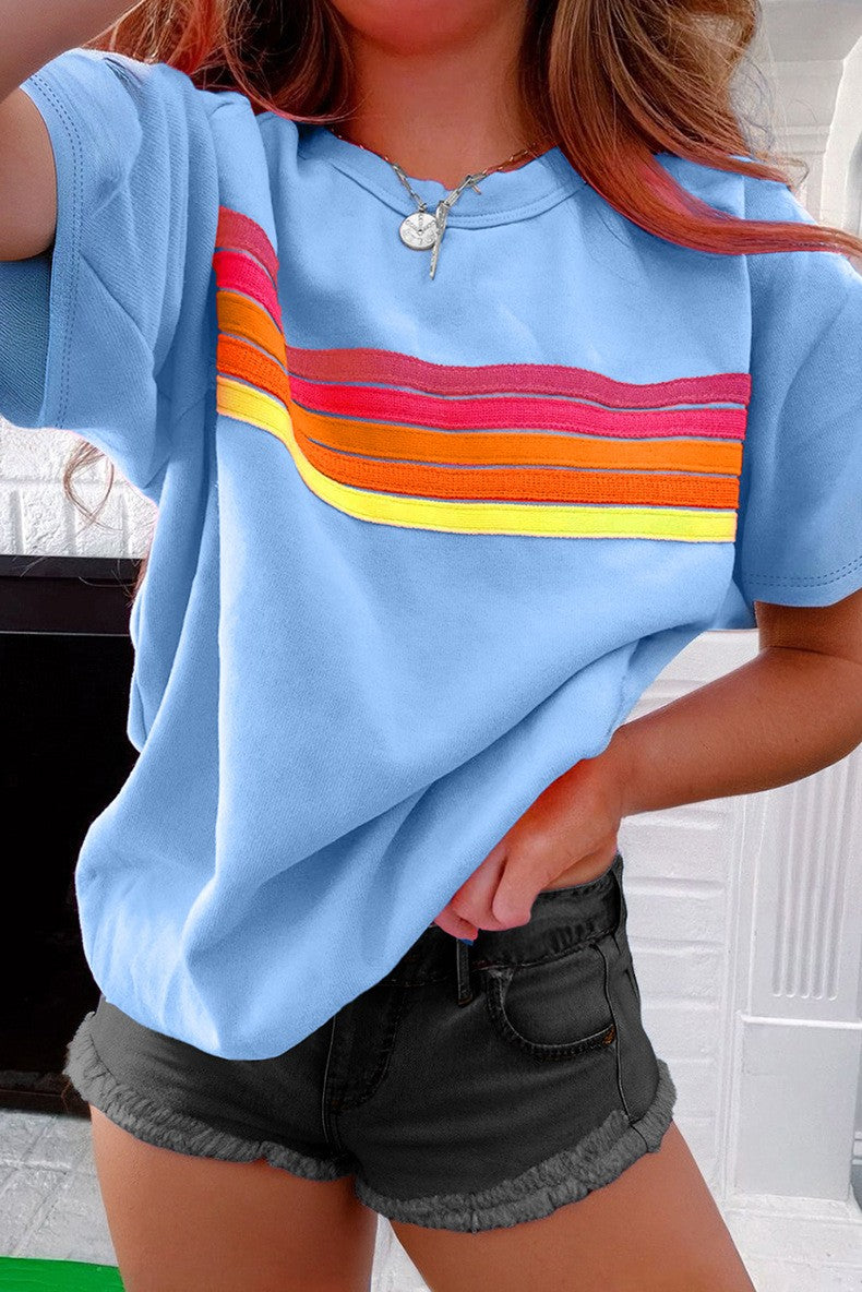 Women Striped Patch Front Casual Tee YNIQUE