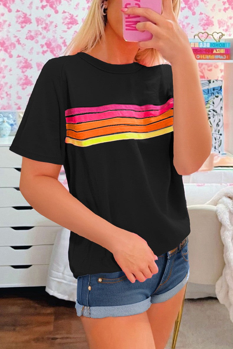 Women Striped Patch Front Casual Tee YNIQUE