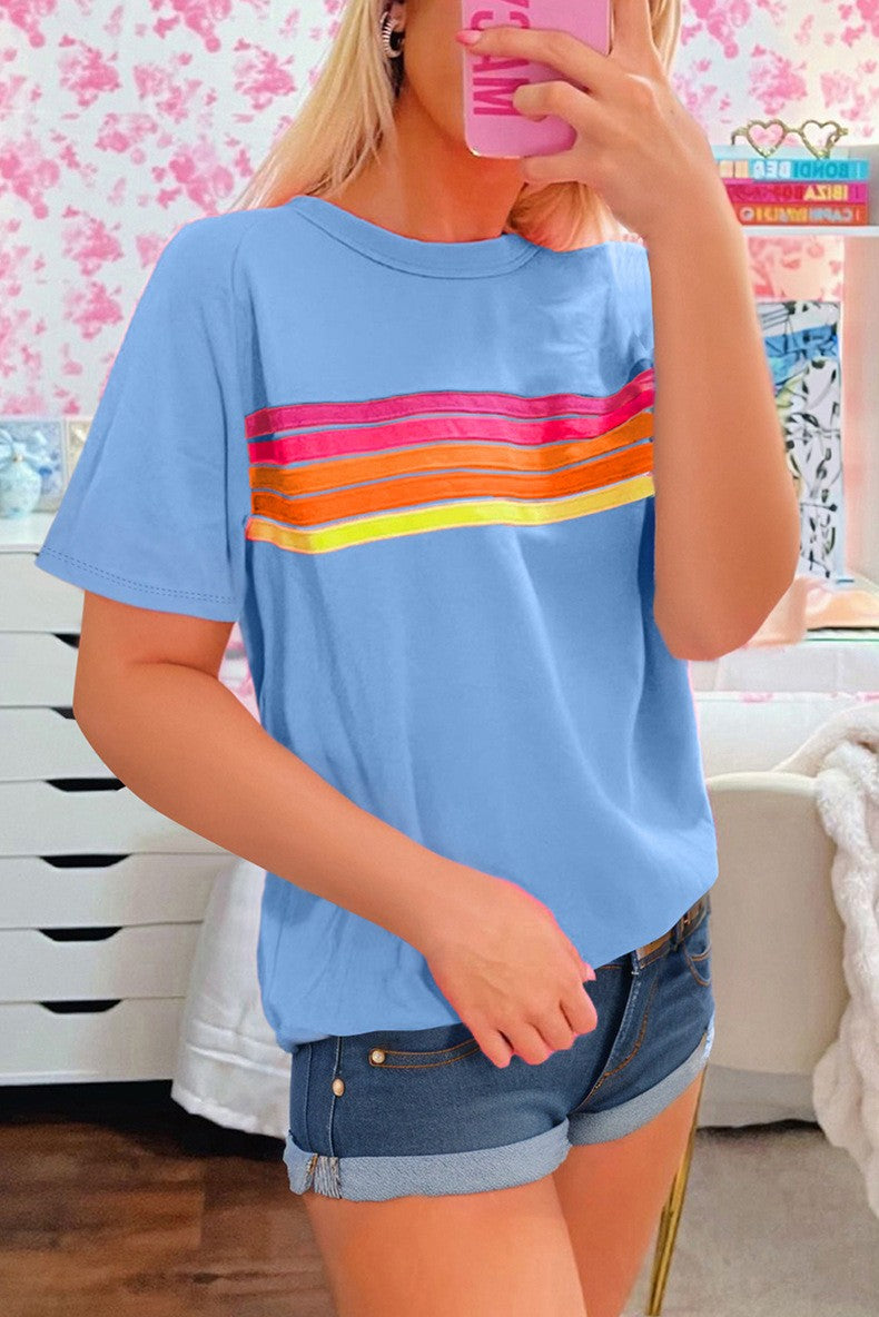 Women Striped Patch Front Casual Tee YNIQUE