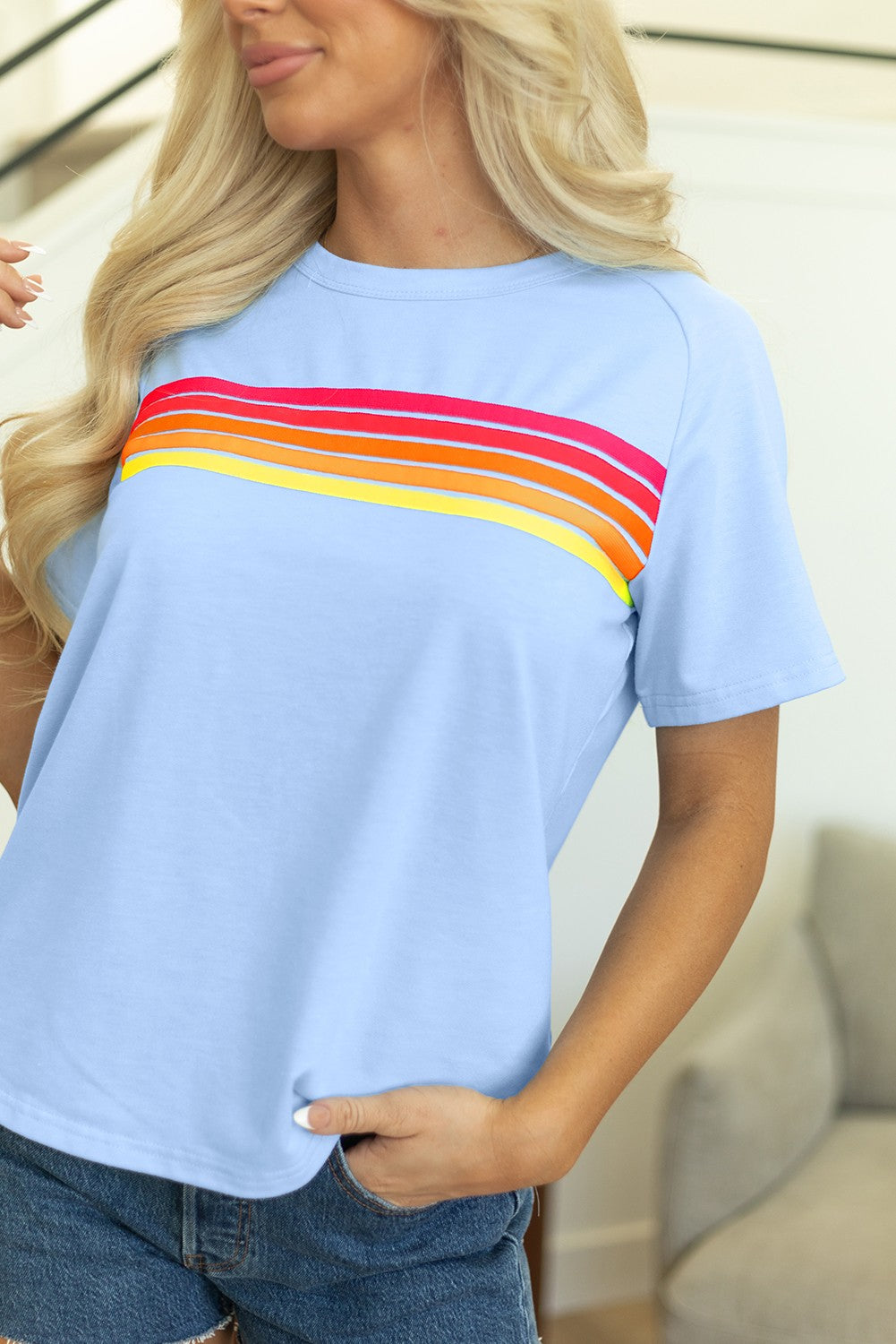 Women Striped Patch Front Casual Tee YNIQUE