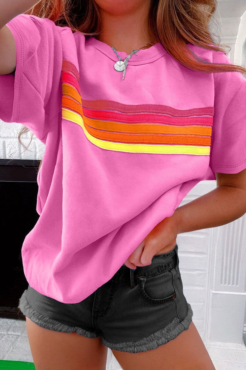 Women Striped Patch Front Casual Tee YNIQUE