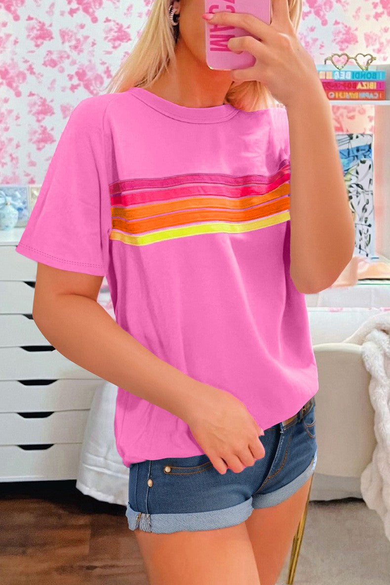 Women Striped Patch Front Casual Tee YNIQUE