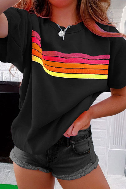 Women Striped Patch Front Casual Tee YNIQUE