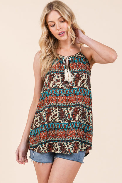 Front Tassel Tie Sleeveless Woven Top Orange Farm Clothing