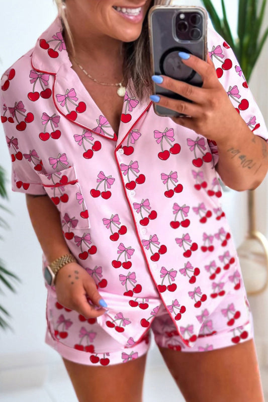 Pink Cherry/Bow Print Short Pajama Set  DAME BOHEME