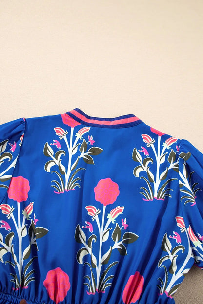 Floral Puff Short Sleeve High Waist Midi Dress Trendsi