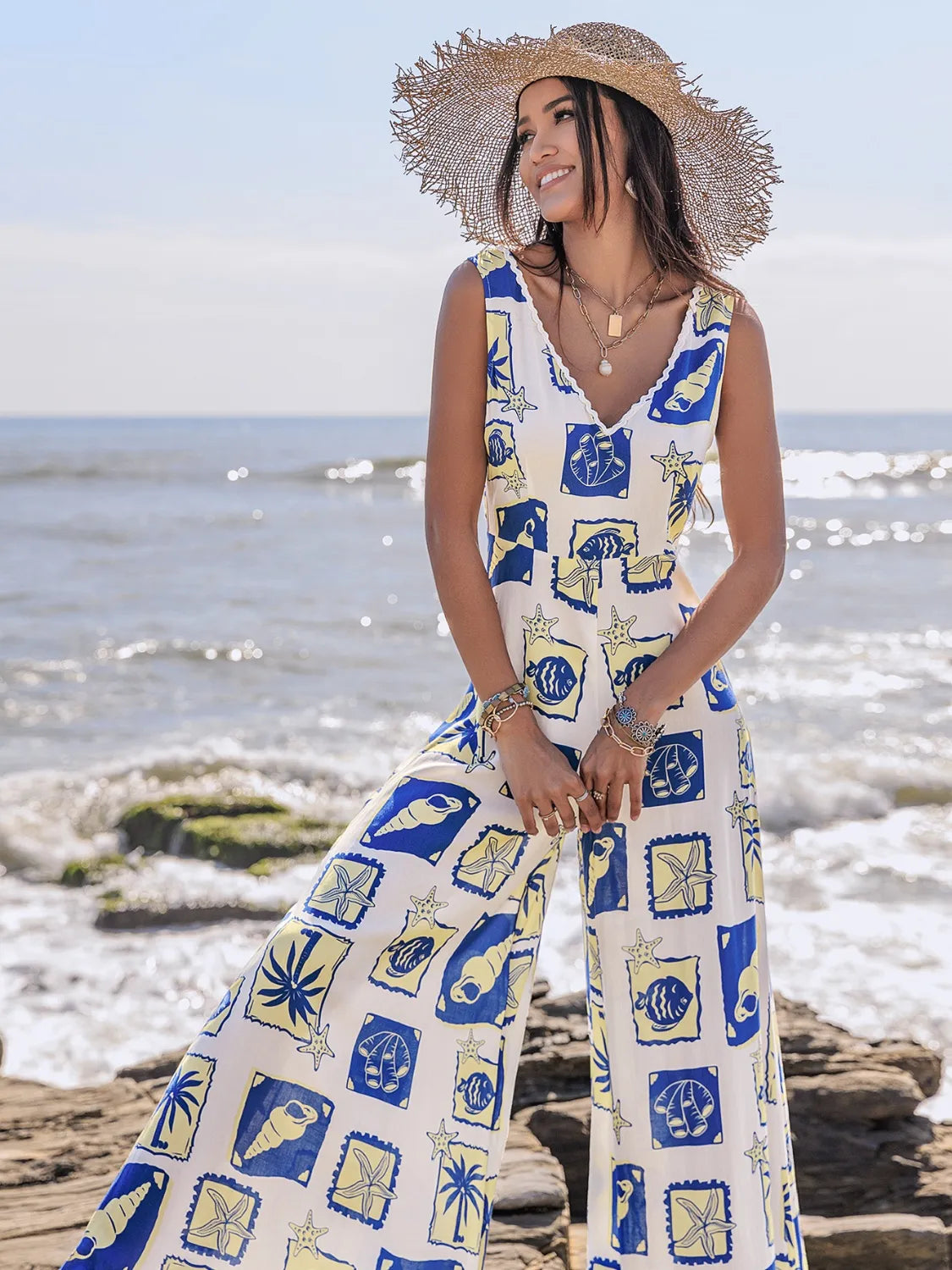 Printed V-Neck Wide Leg Jumpsuit Trendsi