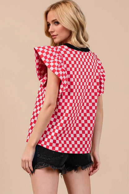 Oh Checkered Round Neck Puff Sleeve Blouse  DAME BOHEME