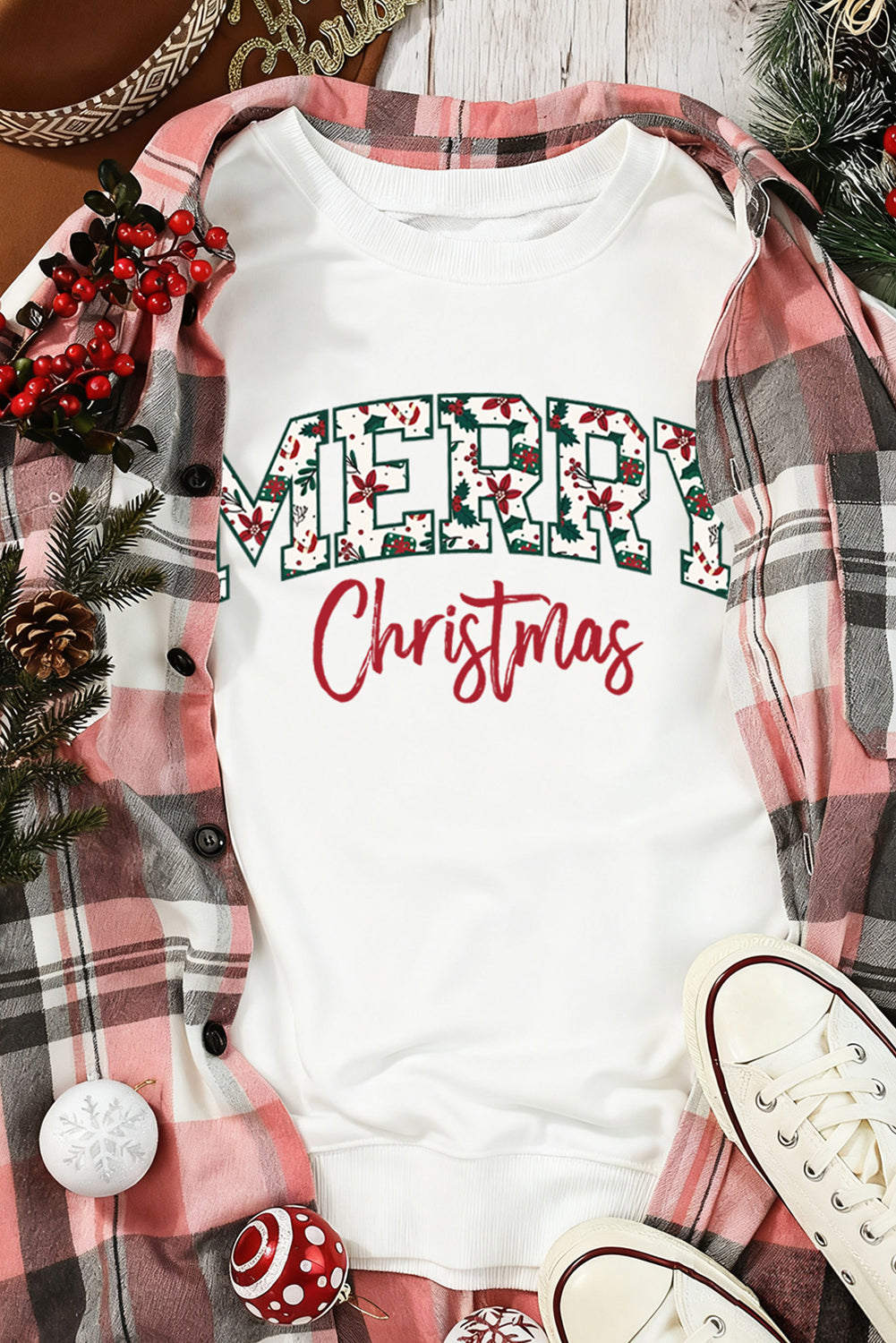 White Merry Christmas Graphic Heat Transfer Printing Cotton Blend Sweatshirt  DAME BOHEME