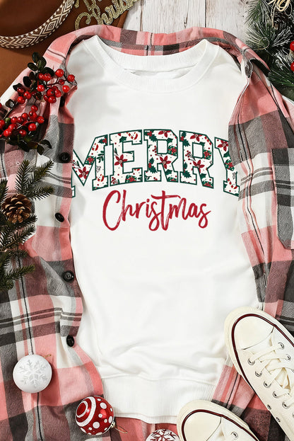 White Merry Christmas Graphic Heat Transfer Printing Cotton Blend Sweatshirt  DAME BOHEME