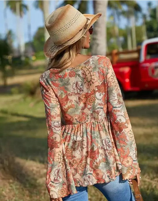 Western Printed Bell Sleeve Blouse  DAME BOHEME