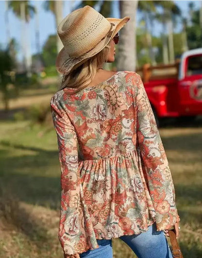 Western Printed Bell Sleeve Blouse  DAME BOHEME