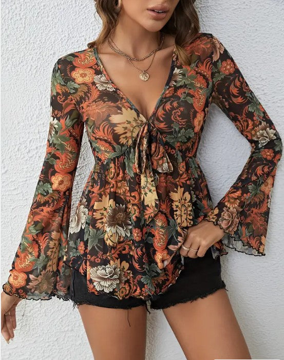 Western Printed Bell Sleeve Blouse  DAME BOHEME