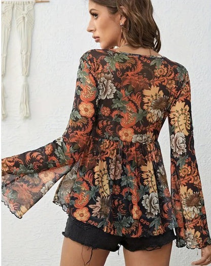 Western Printed Bell Sleeve Blouse  DAME BOHEME