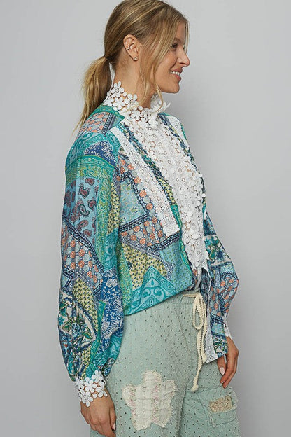 POL Lace Detail Printed Button Down Shirt Trendsi