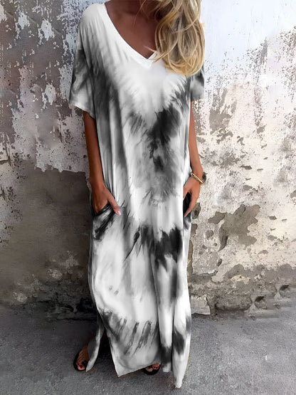 Full Size Pocketed Tie-Dye Short Sleeve Maxi Dress Trendsi