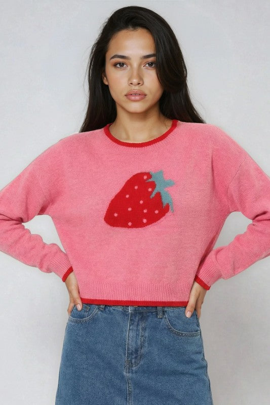 Miss Sparkling Strawberry Print Knit Sweater  DAME BOHEME