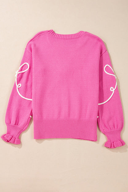 Corded Flower Bow Ribbed Trim Casual Sweater  DAME BOHEME