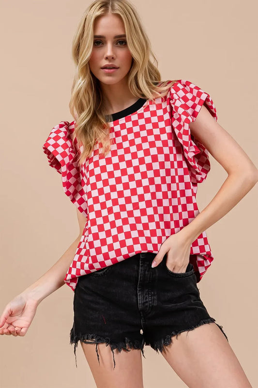 Oh Checkered Round Neck Puff Sleeve Blouse  DAME BOHEME