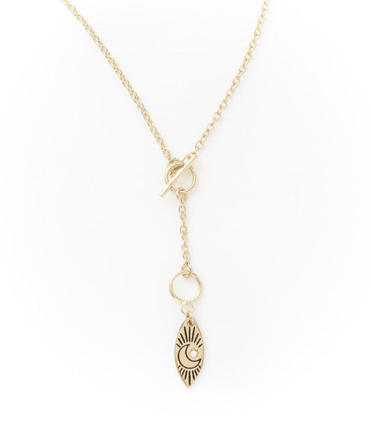 Ruchi Crescent Moon Charm Gold Dainty Drop Lariat Necklace  DAME BOHEME