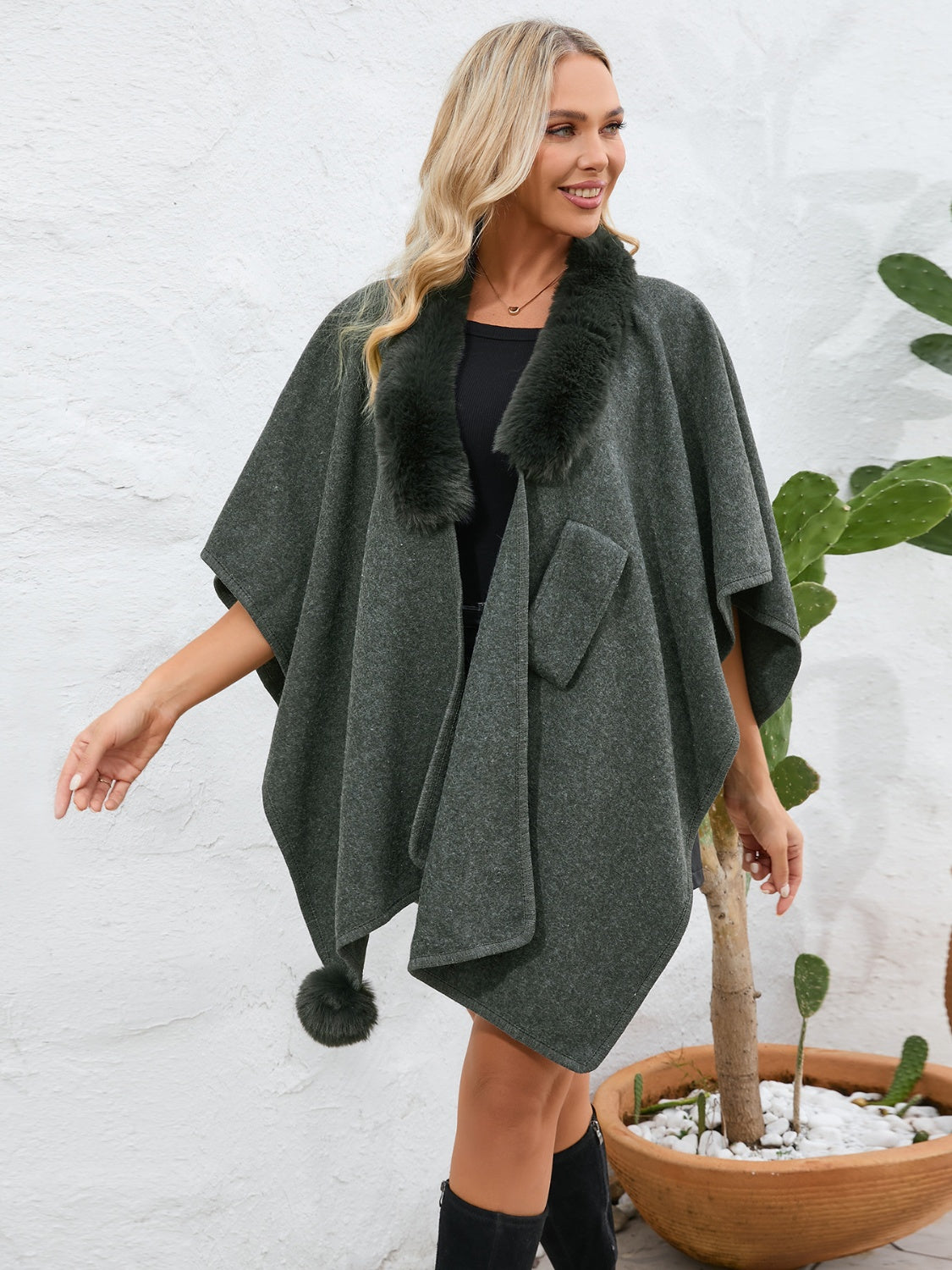 Asymmetrical Faux Fur Collar Open Front Poncho