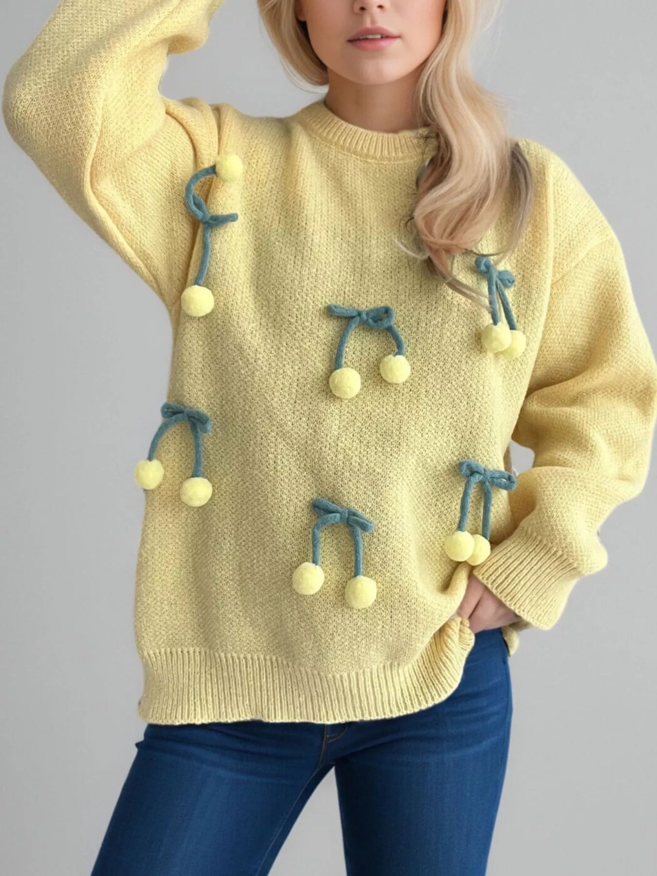 Cherry Pom-Pom Knit Round Neck Sweater  DAME BOHEME