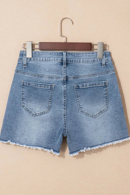Pearl Beaded Raw Hem Wash Denim Shorts  DAME BOHEME