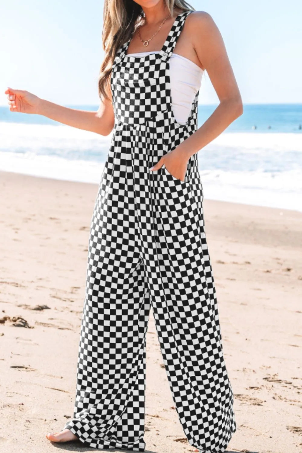 Checkered Print Pocketed Wide Leg Jumpsuit  DAME BOHEME