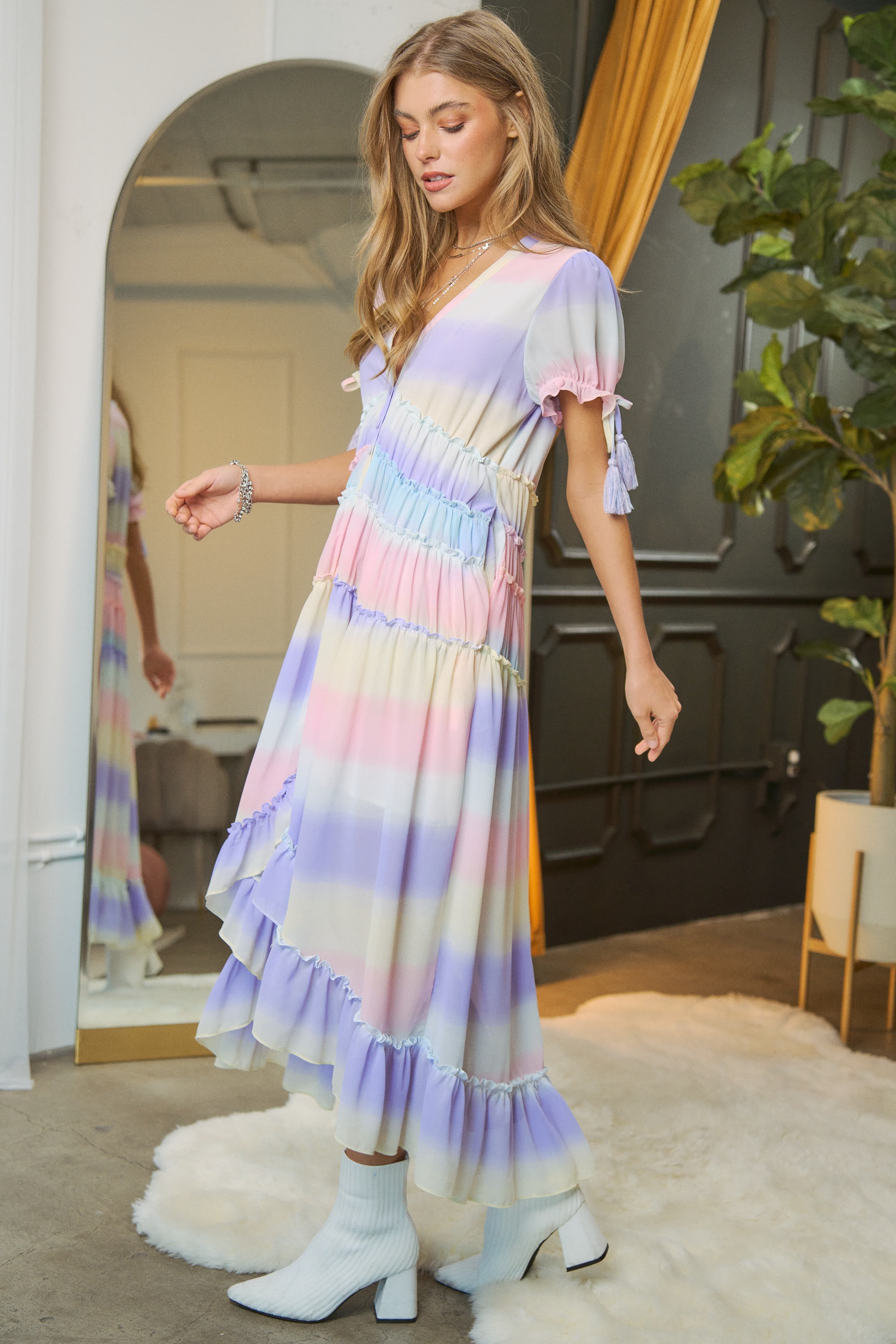 V-Neck Puff Sleeve Pastels Ombre Hi-Low Maxi Dress