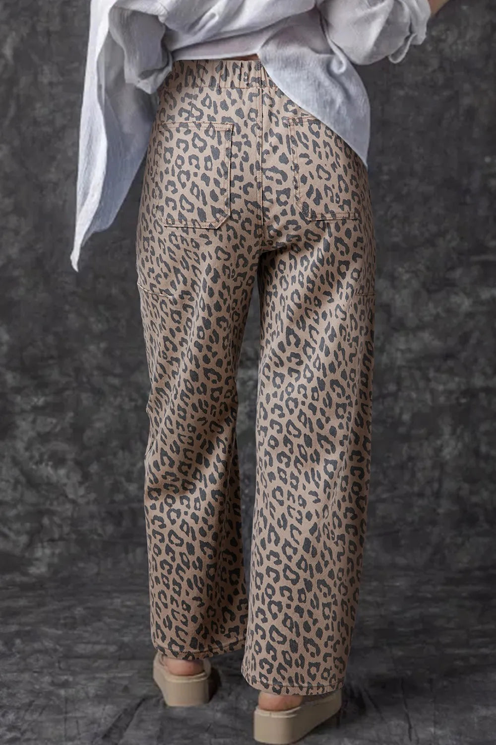 Leopard Printed Drawstring Waist Pocketed Wide Leg Jeans  DAME BOHEME