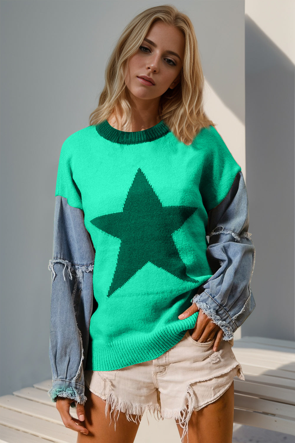 Double Take Full Size Star Pattern Raw Edge Long Sleeve Sweater  DAME BOHEME