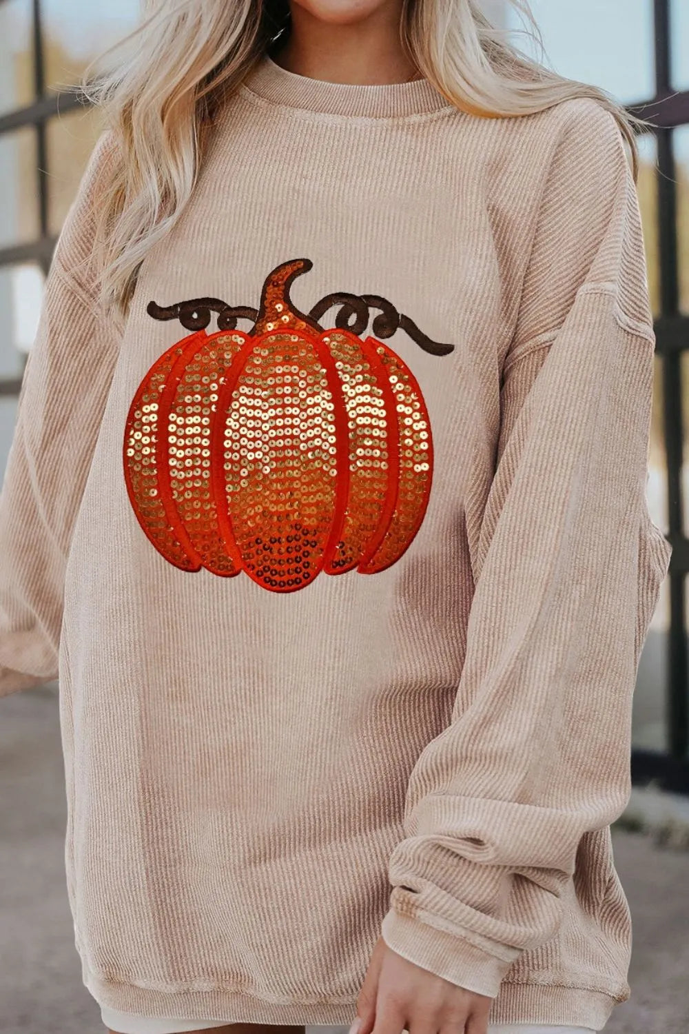 Sequin Pumpkin Round Neck Long Sleeve Sweatshirt  DAME BOHEME